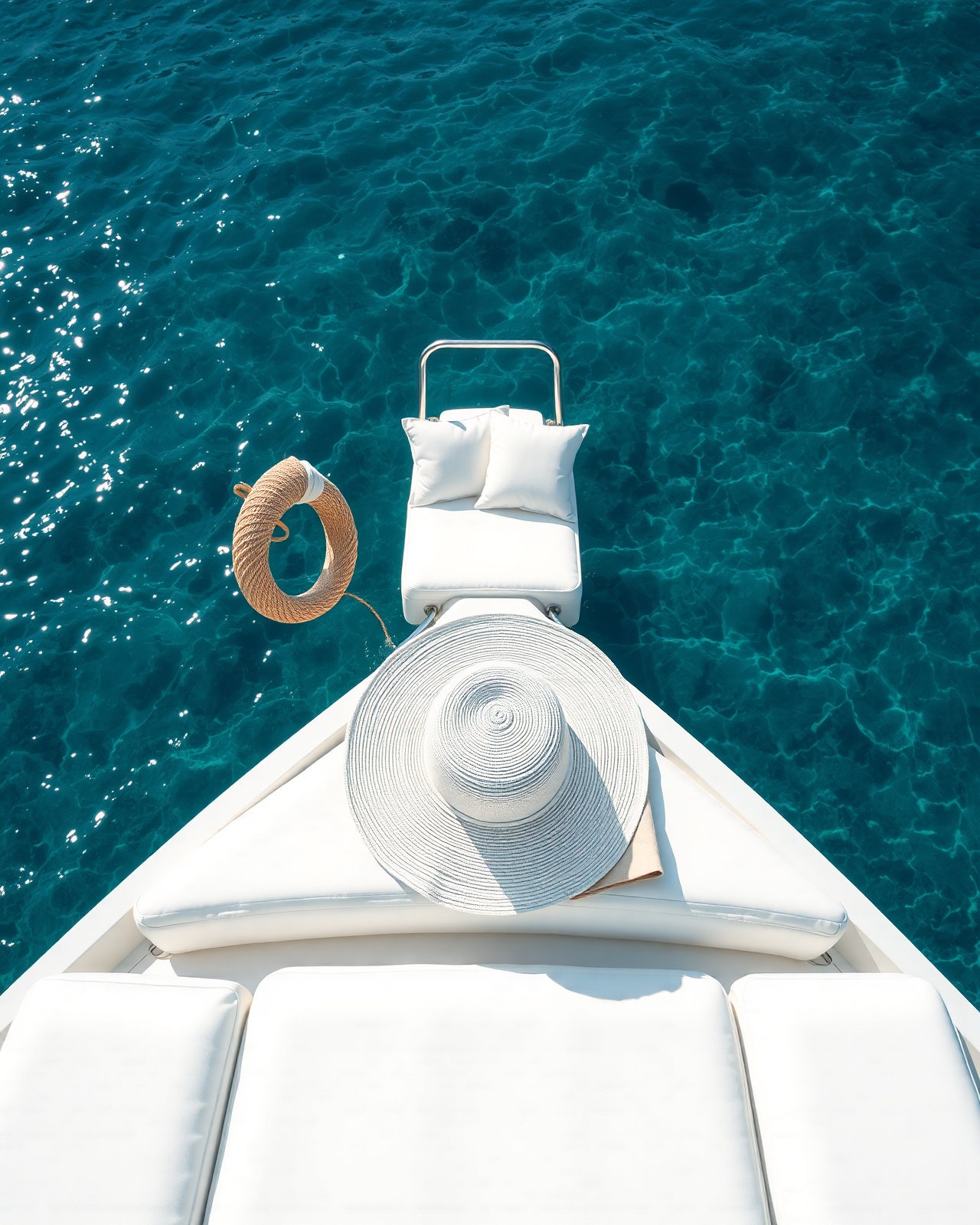 A small private boat on turquoise water with a sun hat and book on the deck